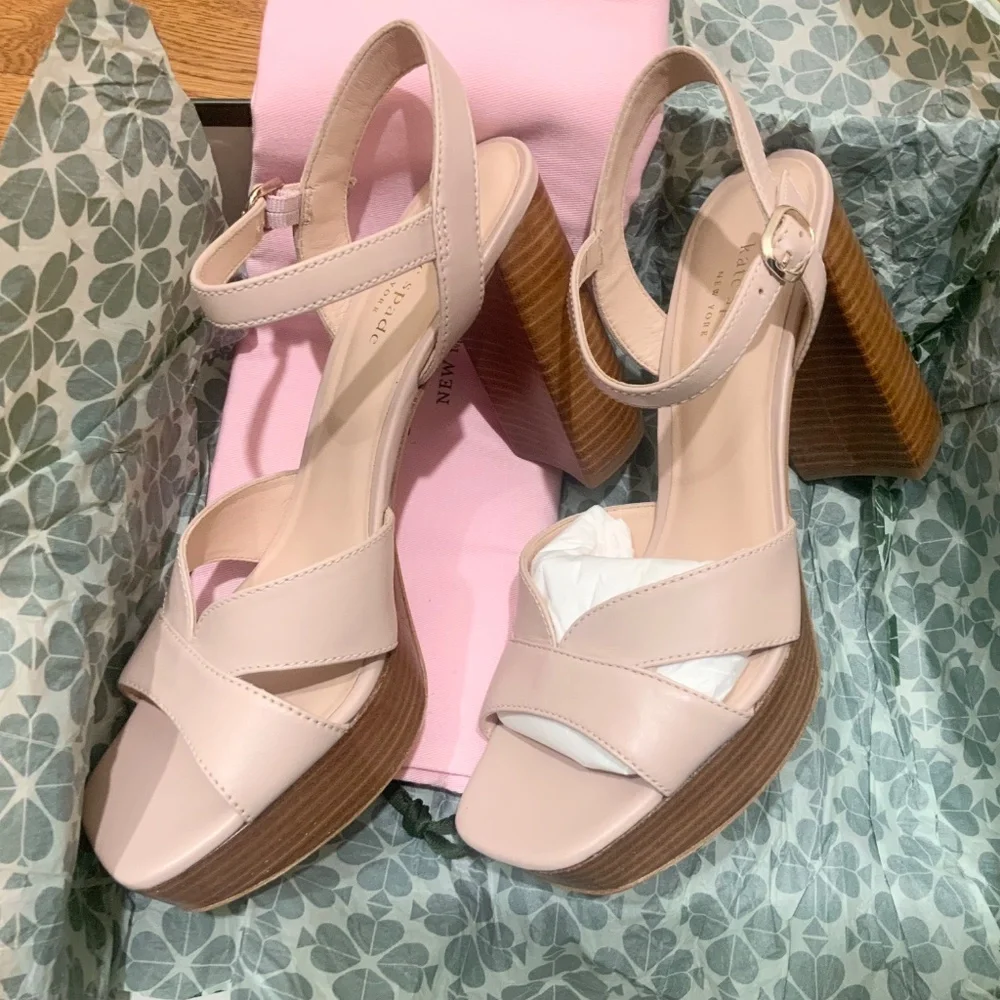 Kate Spade Delight Nude Leather Platform Heels Block Heel Ankle Strap Sandals 9
